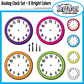 Preview of Analog Clock Clip Art Graphics and Templates in Eight Bright Colors