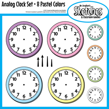 Preview of Analog Clock Clip Art Graphics and Templates in Eight Pastel Colors