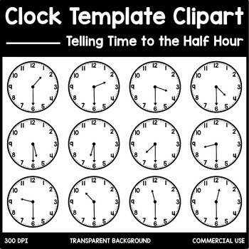 Preview of Analog Clock Clipart (Telling Time to Half Hour) Printable Analog Clock Face