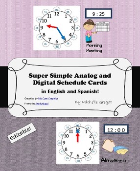 Preview of Editable Analog and Digital Schedule Cards- English and Spanish