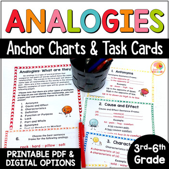 Preview of Analogies Task Cards | Word Analogies Activities | Analogy Types Anchor Charts