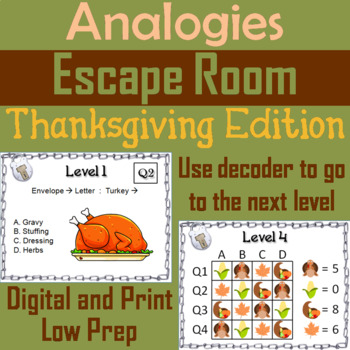 Preview of Analogies Activity: Thanksgiving Escape Room ELA