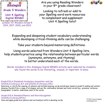 Preview of 5th Grade Wonders Spelling Unit 4 Analogies Digital BINGO using Google Slides