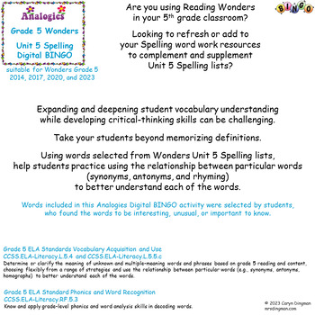 Preview of 5th Grade Wonders Spelling Unit 5 Analogies Digital BINGO using Google Slides