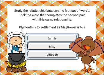 Preview of Analogies- Grades 5-8 Thanksgiving Theme Easel Self Checking