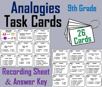 Preview of Completing Analogies Task Cards (9th Grade Academic Vocabulary Activity)