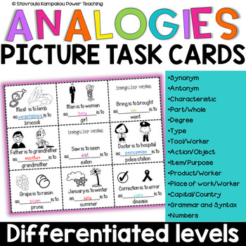Preview of Analogies Task Cards Picture Cards Worksheets Differentiated levels