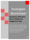 Analogies Worksheet - Synonym/Antonym, Part/Whole and Cate