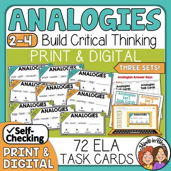 Preview of Analogy Task Cards | 3 sets of analogies! | 72 Print & Digital Multiple Choice |