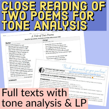 Preview of Analyze TONE in Two Poems by Sara Teasdale! Early 1900’s Compare & Contrast