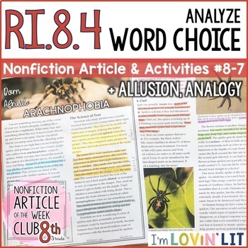 Preview of Analyze Word Choice, Analogy, Allusion RI.8.4 | Arachnophobia Article #8-7