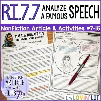 Preview of Analyze a Famous Speech RI.7.7 | Malala Yousafzai UN Speech 2013 #7-16