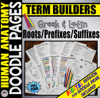 Preview of ANATOMY Root/Prefix/Suffix DOODLE PAGES ~Year Long Bundle~ Plus Digital Version