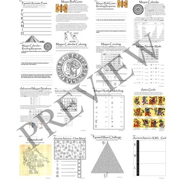 Ancient America and Mayan Aztec Inca Literacy and Math Activity Packet