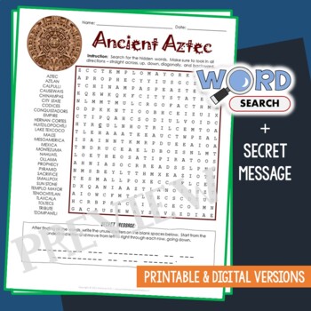 Preview of Ancient Aztec Word Search Puzzle Civilization, Empire Activity Worksheets