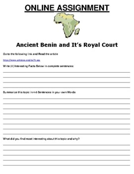 Preview of Ancient Benin and It’s Royal Court ONLINE ASSIGNMENT (PDF/GOOGLE CLASSROOM)