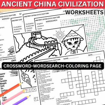Preview of Ancient China Civilization Worksheets- Coloring Page, Wordsearch & Crossword