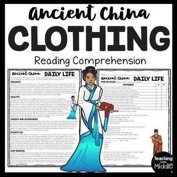 Preview of Ancient China Clothing Reading Comprehension Informational Worksheet