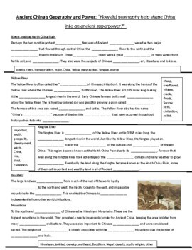 Preview of Ancient China Geographical Features Cloze passage worksheet activity Plus Answer