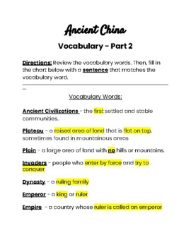 Preview of Ancient China Vocabulary - Part 2