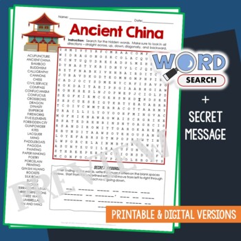 Preview of Ancient China Word Search Puzzle Activity Vocabulary Worksheet Secret Message