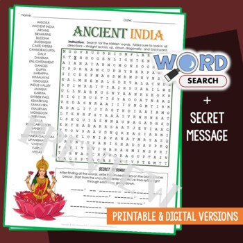 Preview of Ancient India Word Search Puzzle Activity Vocabulary Worksheet Secret Message