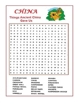 Preview of China Word Search Puzzle - Things Ancient China Gave Us - Wordsearch