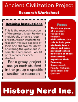 Preview of Ancient Civilization Project- Research Worksheet