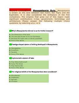 Preview of Ancient Civilizations Mesopotamia Quiz for 4th Grade