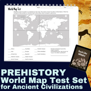 Preview of Prehistory World Map Labeling and Geography Test Set for 6th Grade