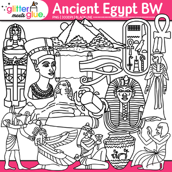 Preview of Ancient Egypt Clipart: Nile River, Pyramids, Sphinx Clip Art Black & White PNG