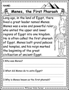 Preview of Ancient Egypt Reading Comprehension: Menes, Hatshepsut, Tutankhamun, Ramses II