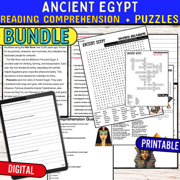 Preview of Ancient Egypt Reading Comprehension Passage,PUZZLES,Quiz,Digital BUNDLE