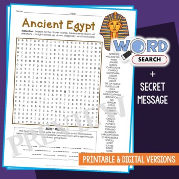Preview of Ancient Egypt Word Search Puzzle Activity Vocabulary Worksheet Secret Message