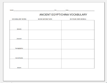Preview of Ancient Egypt and China vocabulary worksheet