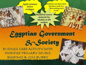 Preview of Ancient Egyptian Government & Society Business Card Activity (Handouts & Rubric)