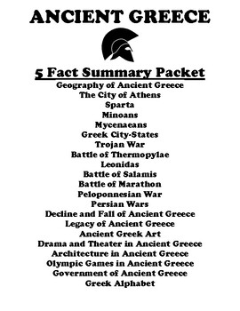 Preview of Ancient Greece  "5 FACT" Summary Assignment Packet (74 Topics)