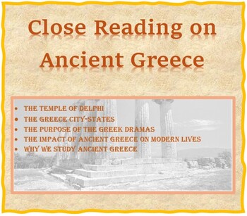 Preview of Ancient Greece Article CLOSE READ on history, Delphi, theater, influences w/KEY