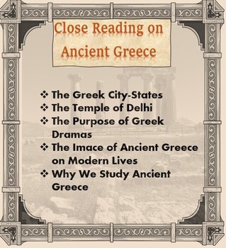 Preview of Ancient Greece Article CLOSE READ on history, Delphi, theater, influences w/KEY