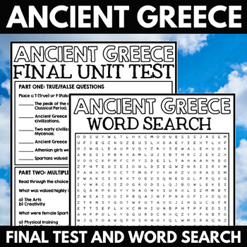 Preview of Ancient Greece Final Unit Test Assessment - Word Search Activity - Quiz - Myths
