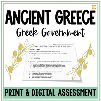 Preview of Ancient Greece Government Test - Monarchy, Oligarchy, Tyranny, Democracy