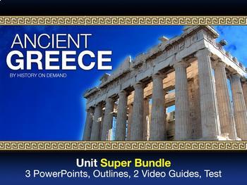Preview of Ancient Greece Unit Super Bundle: 3 PowerPoints, Outlines,  2 Video Guides, Test