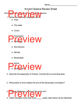 Preview of Ancient Greece Review Worksheet