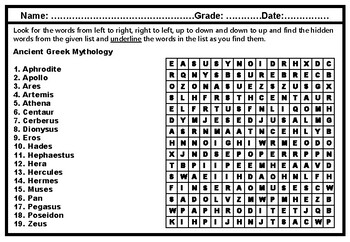 Preview of Ancient Greek Mythology, Word Search Puzzle Worksheet, Ancient Greece Project
