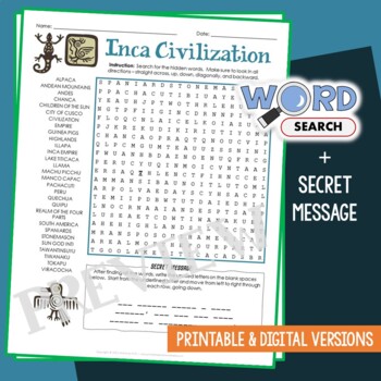 Preview of Ancient Inca Word Search Puzzle Civilization, Empire Activity Worksheets