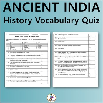 Preview of Ancient India History Vocabulary Quiz - Editable Worksheet