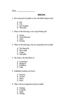 Preview of Ancient India Test - Answer Key Included.