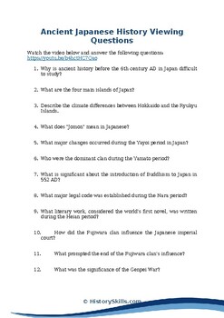 Preview of Ancient Japanese History Viewing Questions Worksheet