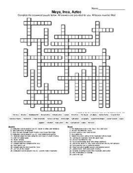 Preview of Ancient Mayan, Inca, Aztec Crossword Puzzle