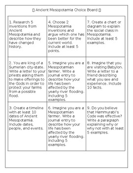 Preview of Ancient Mesopotamia Choice Board Activities & Worksheets